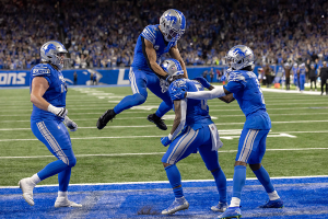 Nov. 19, 2023 ~ Detroit Lions running back David Montgomery (5) celebrates a touchdown with teammates against the Chicago Bears during the second half at Ford Field. Photo: David Reginek ~ USA TODAY Sports
