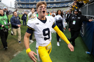 Nov. 11, 2023 ~ Michigan Wolverines quarterback J.J. McCarthy reacts while leaving the field following a game against the Penn State Nittany Lions at Beaver Stadium. Michigan won 24-15. Photo: Matthew O'Harenn ~ USA TODAY Sports