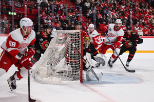 Nov. 16, 2023 ~ Ottawa Senators goaltender Joonas Korpisalo (70) defends the goal against Detroit Red Wings right wing Daniel Sprong (88) during a Global Series NHL hockey game at Avicii Arena. Photo: Per Haljestam ~ USA TODAY Sports