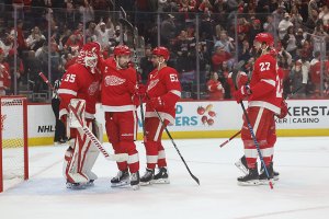 Nov. 11, 2023 ~ Detroit Red Wings celebrate after defeating the Columbus Blue Jackets at Little Caesars Arena. Photo: Rick Osentoski ~ USA TODAY Sports
