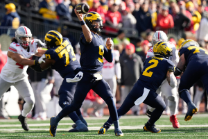 Nov. 25, 2023 ~ Michigan Wolverines quarterback J.J. McCarthy (9) throws a pass during the NCAA football game against the Ohio State Buckeyes at Michigan Stadium. Ohio State lost 30-24. Photo: Adam Cairns ~ USA TODAY NETWORK