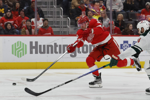 Nov. 26, 2023 ~ Detroit Red Wings right wing Daniel Sprong (88) takes a shot in the second period against the Minnesota Wild at Little Caesars Arena. Photo: Rick Osentoski ~ USA TODAY Sports