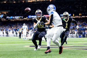 Dec. 3, 2023 ~ Detroit Lions wide receiver Amon-Ra St. Brown (14) has a pass bounce off his pads in the end zone against New Orleans Saints linebacker Nephi Sewell (45) during the second half at the Caesars Superdome. Photo: Stephen Lew ~ USA TODAY Sports