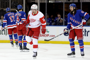 Nov. 29, 2023 ~ Detroit Red Wings center Andrew Copp celebrates a goal by center Robby Fabbri in front of New York Rangers right wing Blake Wheeler (17), and defenseman Braden Schneider (4), and center Mika Zibanejad (93) during the second period at Madison Square Garden. Photo: Brad Penner ~ USA TODAY Sports