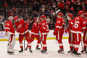 Nov. 30, 2023 ~ Detroit Red Wings celebrate after the game against the Chicago Blackhawks at Little Caesars Arena. Photo: Rick Osentoski ~ USA TODAY Sports