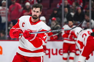 Dec. 2, 2023 ~ Detroit Red Wings center Dylan Larkin (71) looks on during warm up before the game against the Montreal Canadiens at Bell Centre. Photo: David Kirouac ~ USA TODAY Sports