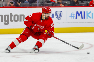 Dec. 7, 2023 ~ Detroit Red Wings center Joe Veleno (90) handles the puck during the first period at Little Caesars Arena. Photo: Brian Bradshaw Sevald ~ USA TODAY Sports