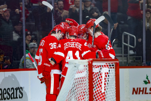 Dec. 7, 2023 ~ The Detroit Red wings celebrates a goal by Detroit Red Wings center Klim Kostin (24) during the second period at Little Caesars Arena. Photo: Brian Bradshaw Sevald ~ USA TODAY Sports