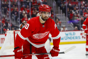 Dec. 9, 2023 ~ Detroit Red Wings center Joe Veleno (90) looks on during the first period at Little Caesars Arena. Photo: Brian Bradshaw Sevald ~ USA TODAY Sports