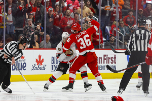 Dec. 9, 2023 ~ Ottawa Senators right wing Mathieu Joseph (21) scuffles with Detroit Red Wings right wing Christian Fischer (36) during the third period at Little Caesars Arena. Photo: Brian Bradshaw Sevald ~ USA TODAY Sports