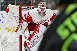 Dec. 11, 2023 ~ Detroit Red Wings goaltender James Reimer (47) faces a shot from Dallas Stars center Sam Steel (18) during the second period at the American Airlines Center. Photo: Jerome Miron ~ USA TODAY Sports