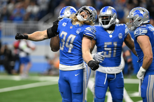 Dec. 16, 2023 ~ Detroit Lions linebacker Alex Anzalone (34) celebrates after a sack by defensive end Josh Paschal (not pictured) against Denver Broncos quarterback Russell Wilson (not pictured) in the second quarter at Ford Field. Photo: Lon Horwedel ~ USA TODAY Sports