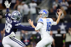 Dec. 30, 2023 ~ Detroit Lions quarterback Jared Goff (16) throws a pass in the first quarter against the Dallas Cowboys at AT&T Stadium. Photo: Tim Heitman ~ USA TODAY Sports