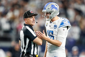 Dec. 30, 2023 ~ Lions quarterback Jared Goff talks to a referee regarding offensive tackle Taylor Decker's 2-point conversion catch against the Cowboys being called illegal touching during the second half of the Lions' 20-19 loss at AT&T Stadium. Photo: Junfu Han ~ USA TODAY NETWORK