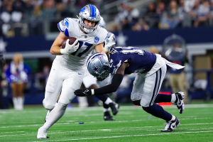 Dec. 30, 2023 ~ Detroit Lions tight end Sam LaPorta (87) makes a catch as Dallas Cowboys safety Markquese Bell (14) defends during the second half at AT&T Stadium. Photo: Kevin Jairaj ~ USA TODAY Sports