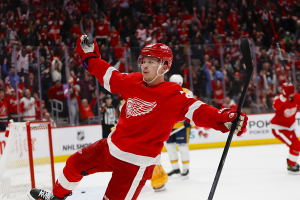 Dec. 29, 2023 ~ Detroit Red Wings left wing Lucas Raymond (23) celebrates his game winning shot during the an overtime period of the game between the Detroit Red Wings and the Nashville Predators at Little Caesars Arena. Photo: Brian Bradshaw Sevald ~ USA TODAY Sports