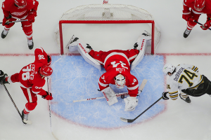 Dec. 31, 2023 ~ Detroit Red Wings goaltender Alex Lyon (34) makes a save during the game between the Boston Bruins and the Detroit Red Wings at Little Caesars Arena. Photo: Brian Bradshaw Sevald ~ USA TODAY Sports