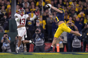 Jan. 1, 2024 ~ Michigan Wolverines wide receiver Roman Wilson (1) makes a catch as Alabama Crimson Tide defensive back Malachi Moore (13) looks on during the second half in the 2024 Rose Bowl college football playoff semifinal game at Rose Bowl. Photo: Jayne Kamin-Oncea ~ USA TODAY Sports