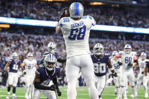 Dec. 30, 2023 ~ Detroit Lions offensive tackle Taylor Decker catches the ball in the end zone for a two-point conversion against the Dallas Cowboys during the second half at AT&T Stadium. The play was flagged for illegal touching. Photo: Junfu Han ~ USA TODAY NETWORK