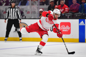 Jan. 7, 2024 ~ Detroit Red Wings defenseman Shayne Gostisbehere (41) shoots on goal against the Anaheim Ducks during the first period at Honda Center. Photo: Gary A. Vasquez ~ USA TODAY Sports