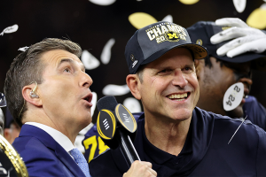Jan. 8, 2024 ~ Michigan Wolverines head coach Jim Harbaugh is interviewed after winning 2024 College Football Playoff national championship game against the Washington Huskies at NRG Stadium. Photo: Thomas Shea ~ USA TODAY Sports