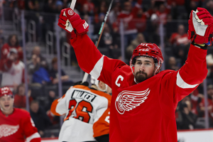 Jan. 25, 2024 ~ Detroit Red Wings center Dylan Larkin celebrates after he scored a goal in the second period against the Philadelphia Flyers at Little Caesars Arena. Photo: Rick Osentoski ~ USA TODAY Sports