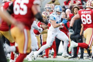 January 28, 2024 ~ Lions linebacker Malcolm Rodriguez runs after intercepting a pass from 49ers quarterback Brock Purdy during the first half of the NFC championship game at Levi's Stadium in Santa Clara, California. Photo: Junfu Han ~ USA TODAY NETWORK