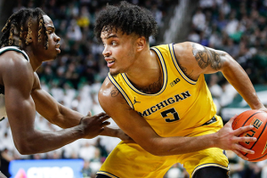 Jan. 30, 2024 ~ Michigan State forward Coen Carr defends Michigan forward Terrance Williams II during the first half at the Breslin Center in East Lansing. Photo: Junfu Han ~ USA TODAY NETWORK
