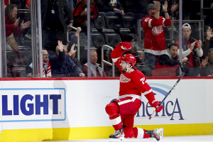 Jan. 31, 2024 ~ Detroit Red Wings center Dylan Larkin celebrates after scoring in the third period against the Ottawa Senators at Little Caesars Arena. Photo: Rick Osentoski ~ USA TODAY Sports