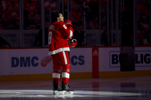 March 2, 2024 ~ Detroit Red Wings defenseman Ben Chiarot during player introductions before the game against the Florida Panthers at Little Caesars Arena. Photo: Rick Osentoski ~ USA TODAY Sports