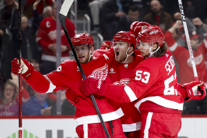 March 16, 2024 ~ Detroit Red Wings right wing Christian Fischer (36) receives congratulations from center Andrew Copp (18) and defenseman Moritz Seider (53) after scoring in the second period against the Buffalo Sabres at Little Caesars Arena. Photo: Rick Osentoski ~ USA TODAY Sports