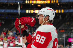 March 9, 2024 ~ Detroit Red Wings right wing Patrick Kane (88) warms up before a game against the Vegas Golden Knights at T-Mobile Arena. Photo: Stephen R. Sylvanie ~ USA TODAY Sports