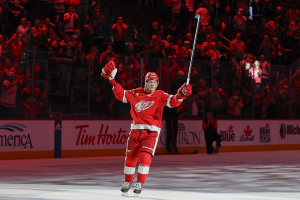 March 19, 2024 ~ Lucas Raymond celebrates the Red Wings win over the Columbus Blue Jackets following the game at Little Caesars Arena. Photo: Brian Bradshaw Sevald ~ USA TODAY Sports
