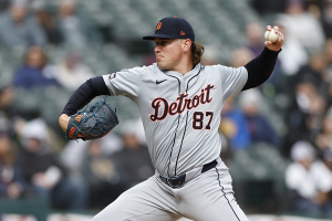March 31, 2024 ~ Detroit Tigers relief pitcher Tyler Holton (87) delivers a pitch against the Chicago White Sox during the eight inning at Guaranteed Rate Field. Photo: Kamil Krzaczynski ~ USA TODAY Sports