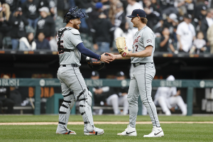 March 30, 2024 ~ Detroit Tigers relief pitcher Shelby Miller (7) celebrates with catcher Carson Kelly (15) after defeating the Chicago White Sox at Guaranteed Rate Field. Photo: Kamil Krzaczynski ~ USA TODAY Sports