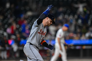 April 1, 2024 ~ Detroit Tigers catcher Carson Kelly reacts after hitting a three-run home run against the New York Mets during the tenth inning at Citi Field. Photo: John Jones ~ USA TODAY Sports