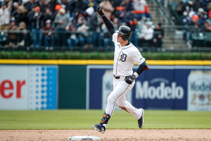 April 5, 2024 ~ Detroit Tigers designated hitter Mark Canha (21) bats a solo home run against Oakland Athletics during the sixth inning of the home opening day at Comerica Park in Detroit. Photo: Junfu Han ~ USA TODAY NETWORK