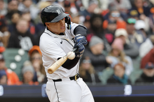 April 5, 2024 ~ Detroit Tigers third baseman Gio Urshela (13) hits an RBI double in the seventh inning against the Oakland Athletics at Comerica Park. Photo: Rick Osentoski ~ USA TODAY Sports