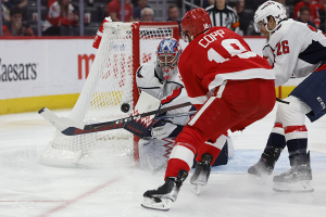 April 9, 2024 ~ Washington Capitals goaltender Charlie Lindgren makes a save on Detroit Red Wings center Andrew Copp in the second period at Little Caesars Arena. Photo: Rick Osentoski ~ USA TODAY Sports