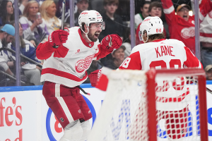 April 13, 2024 ~ Detroit Red Wings center Dylan Larkin scores the winning goal and celebrates with right wing Patrick Kane against the Toronto Maple Leafs during the overtime period at Scotiabank Arena. Photo: Nick Turchiaro ~ USA TODAY Sports