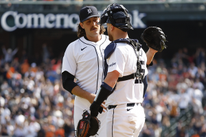 April 14, 2024 ~ Detroit Tigers pitcher Jason Foley shakes hands with Detroit Tigers catcher Carson Kelly following the Tigers win over the Minnesota Twins at Comerica Park. Photo: Brian Bradshaw Sevald ~ USA TODAY Sports