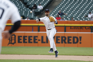 April 17, 2024 ~ Detroit Tigers shortstop Javier Báez throws to first during the ninth inning against the Texas Rangers at Comerica Park. Photo: Brian Bradshaw Sevald ~ USA TODAY Sports