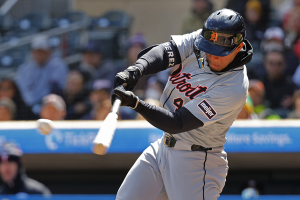 April 20, 2024 ~ Detroit Tigers right fielder Wenceel Perez hits an RBI triple against the Minnesota Twins in the sixth inning at Target Field. Photo: Bruce Kluckhohn ~ USA TODAY Sports