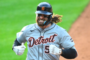 May 7, 2024 ~ Detroit Tigers right fielder Ryan Vilade celebrates his two-RBI single in the third inning against the Cleveland Guardians at Progressive Field. Photo: David Richard ~ USA TODAY Sports