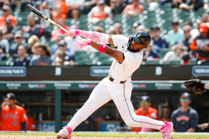May 12, 2024 ~ Detroit Tigers center fielder Akil Baddoo bats against Houston Astros during the ninth inning at Comerica Park in Detroit. Photo: Junfu Han ~ USA TODAY NETWORK