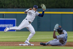May 14, 2024 ~ Detroit Tigers shortstop Javier Baez catches the ball and tags out Miami Marlins outfielder Jesus Sanchez as he attempts to steal second base in the tenth inning at Comerica Park. Photo: David Reginek ~ USA TODAY Sports