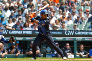 May 26, 2024 ~ Detroit Tigers second baseman Andy Ibáñez (77) hits during an at bat in the first inning of the game against the Toronto Blue Jays at Comerica Park. Photo: Brian Bradshaw Sevald ~ USA TODAY Sports