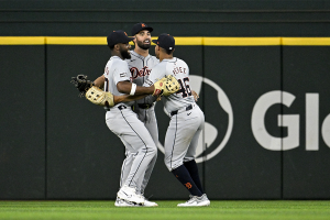 June 3, 2024 ~ Detroit Tigers right fielder Wenceel Perez (46) and center fielder Riley Greene (31) and left fielder Akil Baddoo (60) celebrate the Tigers victory over the Texas Rangers at Globe Life Field. Photo: Jerome Miron ~ USA TODAY Sports