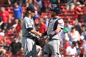June 2, 2024 ~ Detroit Tigers pitcher Andrew Chafin (17) and catcher Carson Kelly (15) celebrate beating the Boston Red Sox in the tenth inning at Fenway Park. Photo: Eric Canha ~ USA TODAY Sports