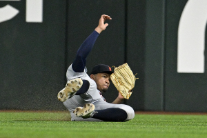 June 3, 2024 ~ Detroit Tigers right fielder Wenceel Perez makes a diving catch on a line drive hit by Texas Rangers pinch hitter Nathaniel Lowe during the eighth inning at Globe Life Field. Photo: Jerome Miron ~ USA TODAY Sports